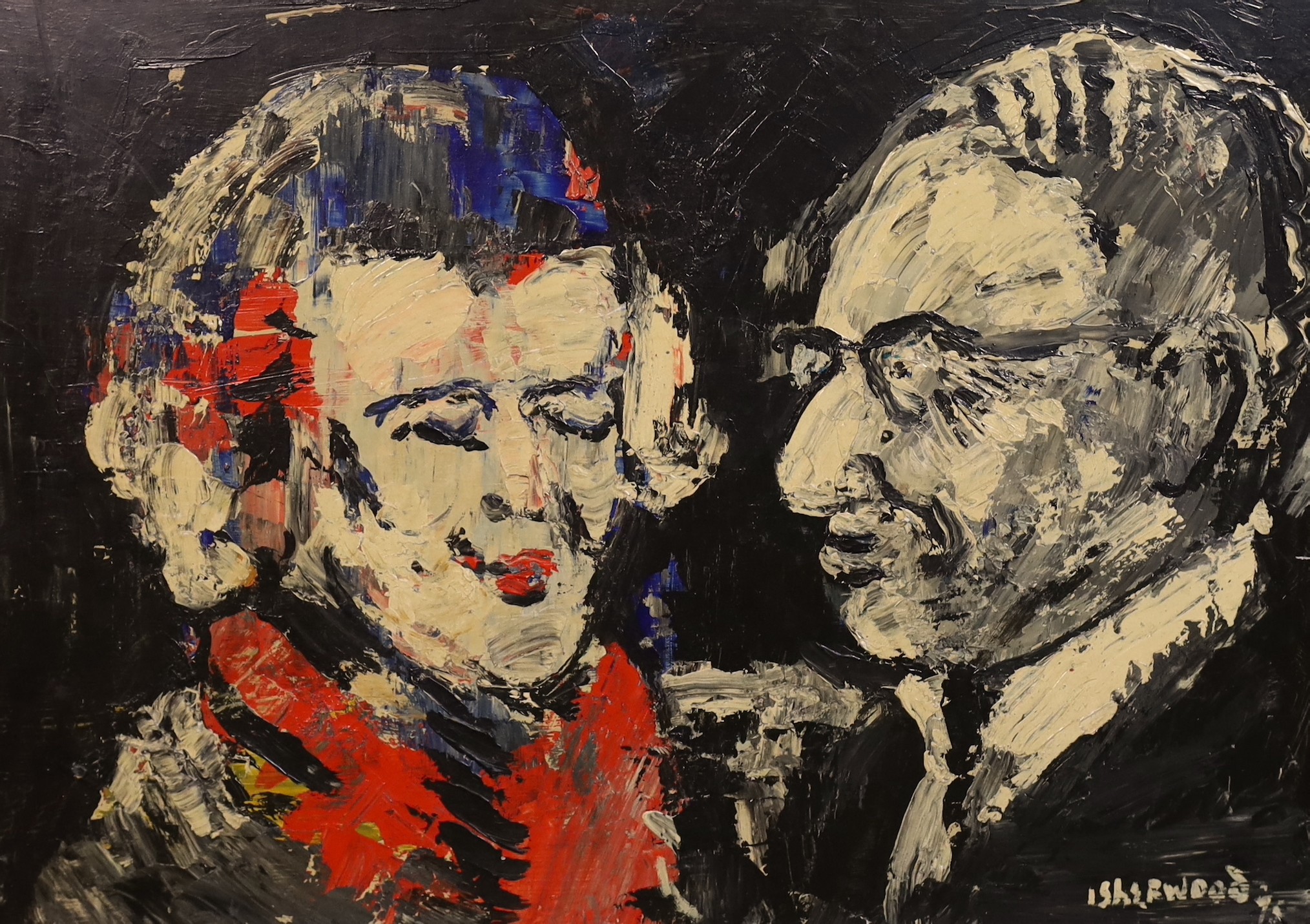 James Lawrence Isherwood (British, 1917- 1989), 'You are naughty but I like you / Thatcher Kissinger', oil on board, 44 x 59cm